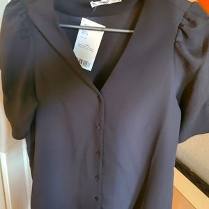 Mango blouse with puff sleeve button v neck preppy vintage style NWT